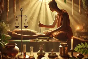 DALL·E 2024-10-14 16.27.30 – An artistic depiction of the Ayurvedic practice of Raktamokshana. The image shows a serene traditional clinic with a practitioner carefully performing