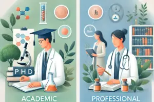 DALL·E 2024-12-01 14.18.54 – A visually appealing illustration for a website article explaining academic and professional doctoral degrees. The image features two distinct section